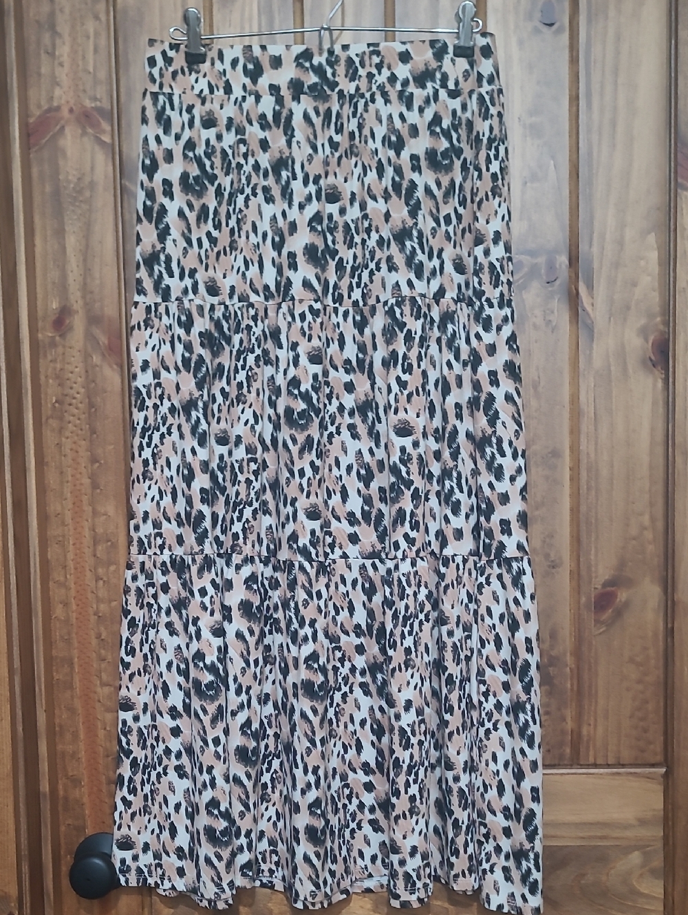 Doublju Leopard Tiered Maxi Skirt - Beige, Black, Cream. Size L